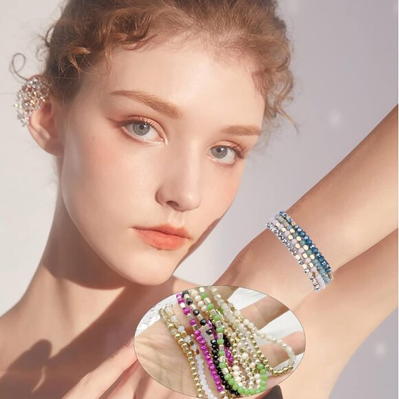 Boho Beaded Bracelets Set 27Pcs Multi Layer Crystal Glass Stretch Stacking Jewel - Picture 3 of 7